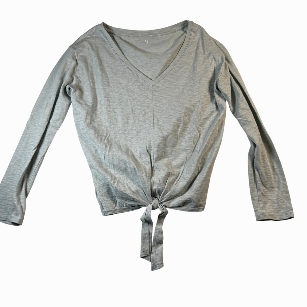 GAP Womens Top Medium M Long Sleeve V Neck Tie Front Light Blue Casual